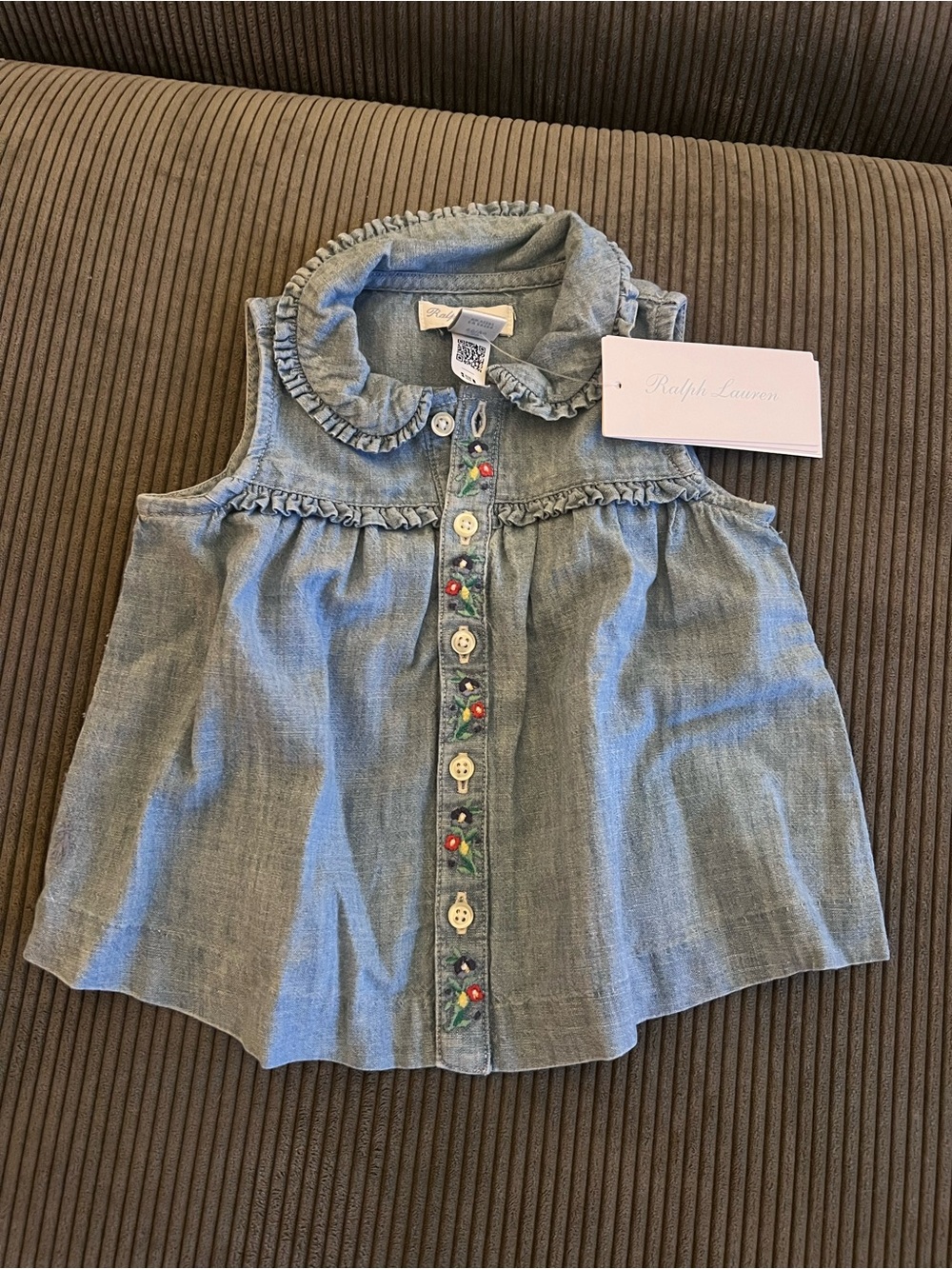 Ralph Lauren Girls' Light Blue Chambray Ruffle Button-Front Top